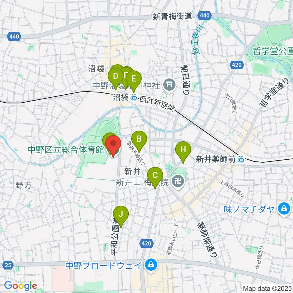 中野区立総合体育館周辺のカフェ一覧地図