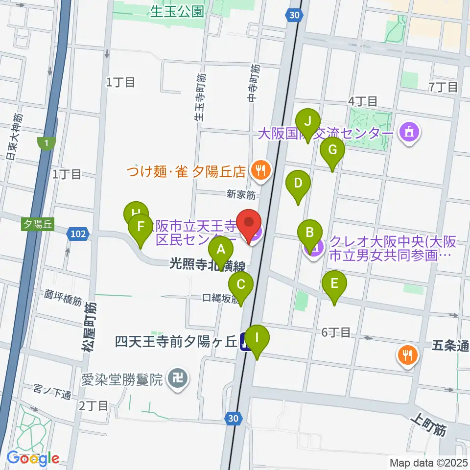天王寺区民センター周辺のカフェ一覧地図