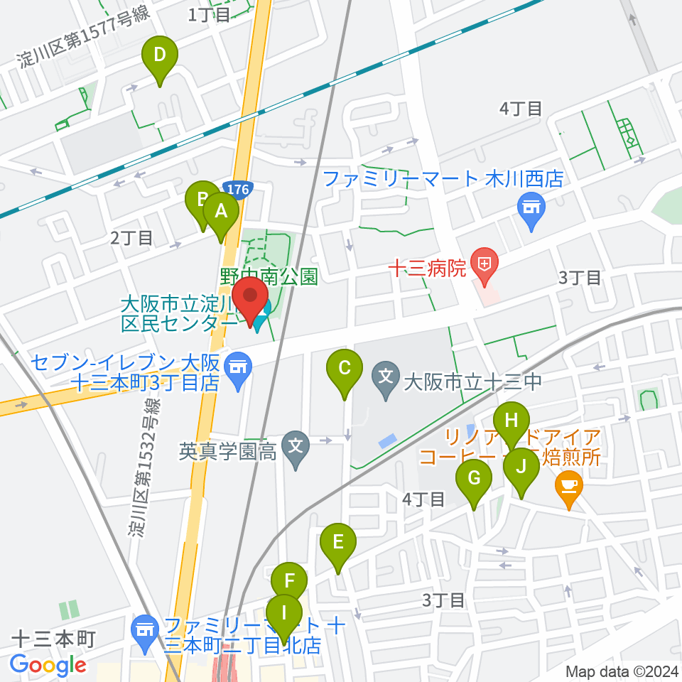 大阪市立淀川区民センター周辺のカフェ一覧地図