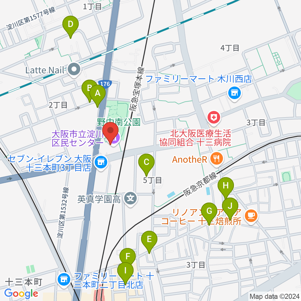 大阪市立淀川区民センター周辺のカフェ一覧地図