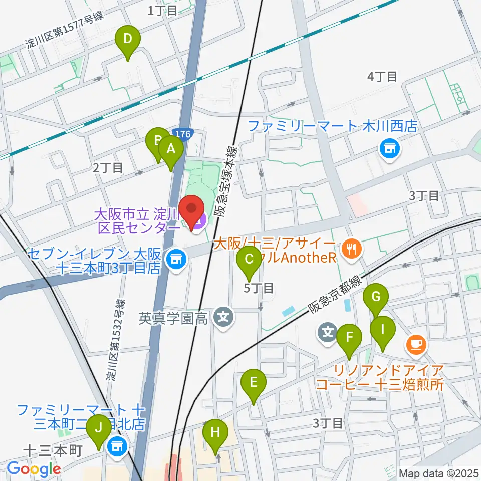大阪市立淀川区民センター周辺のカフェ一覧地図