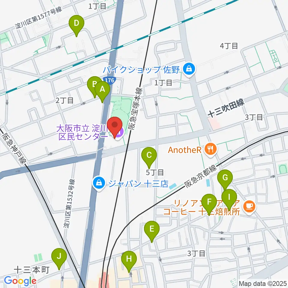 大阪市立淀川区民センター周辺のカフェ一覧地図