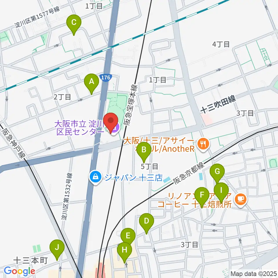 大阪市立淀川区民センター周辺のカフェ一覧地図