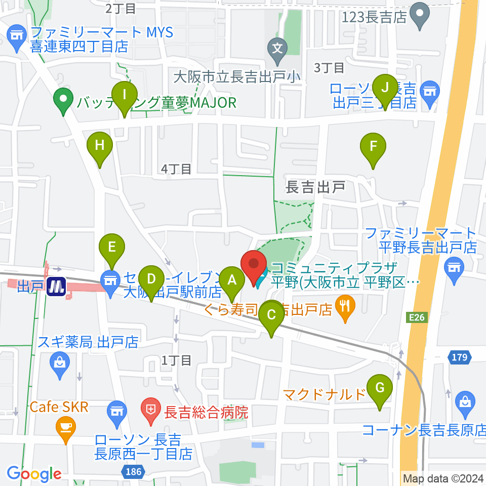 コミュニティプラザ平野（平野区民センター）周辺のカフェ一覧地図
