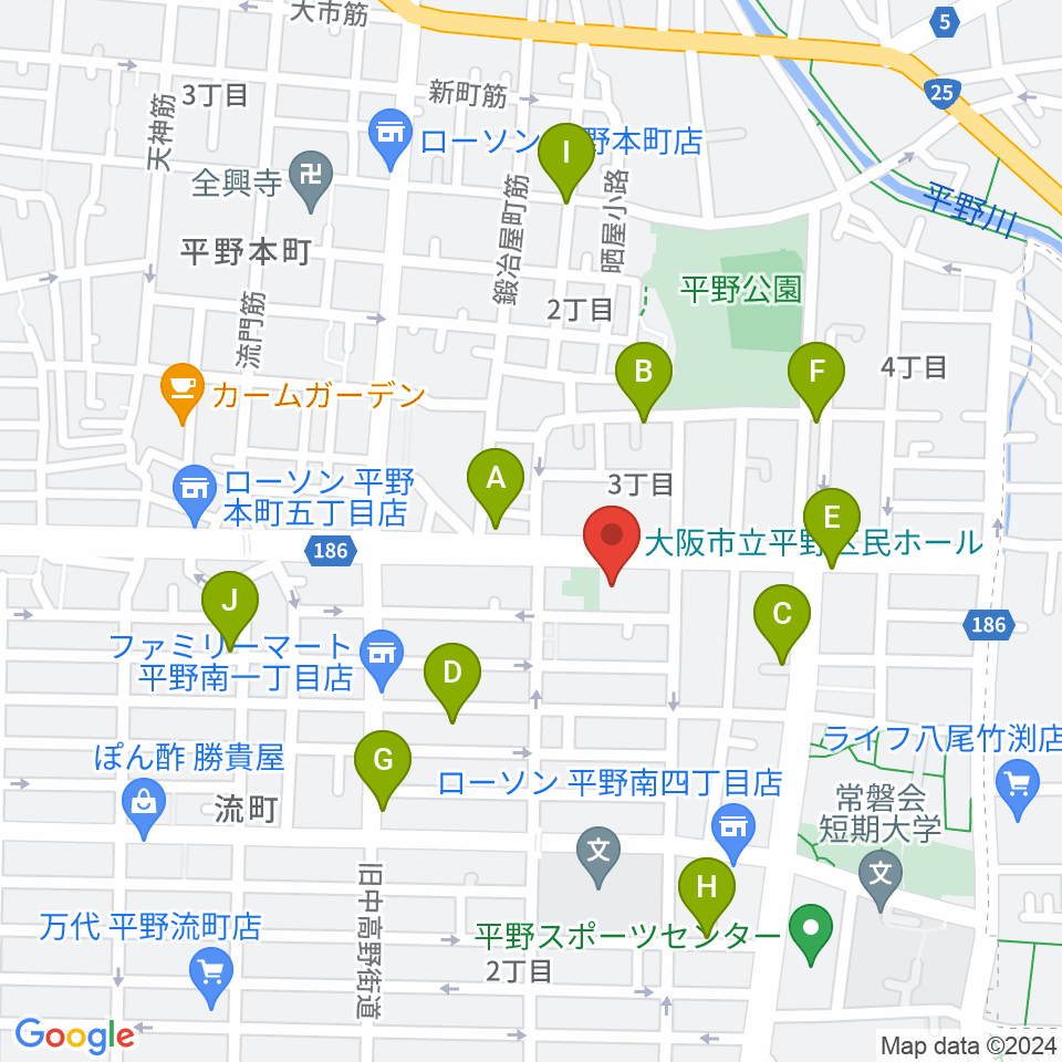 平野区民ホール周辺のカフェ一覧地図