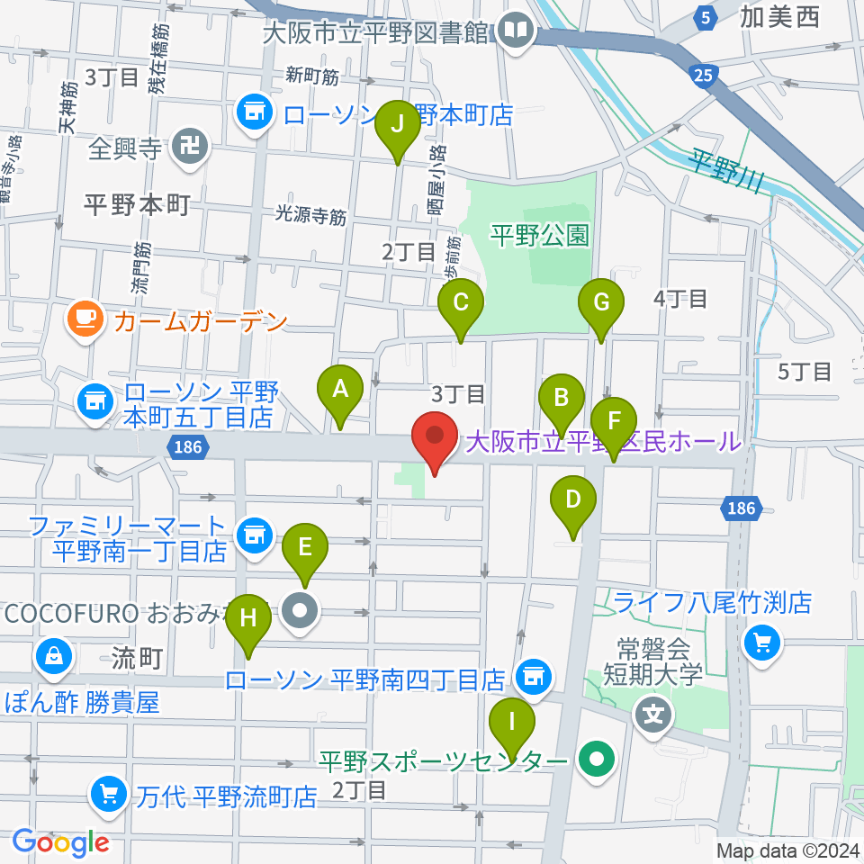 平野区民ホール周辺のカフェ一覧地図