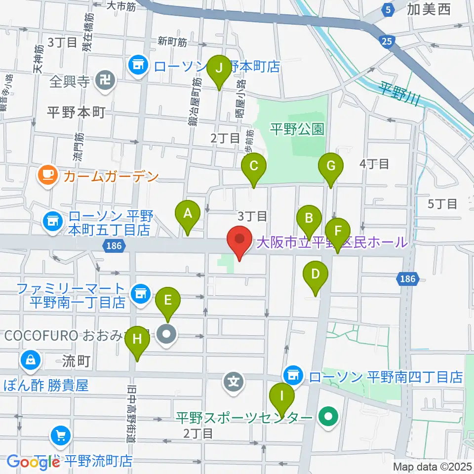 平野区民ホール周辺のカフェ一覧地図