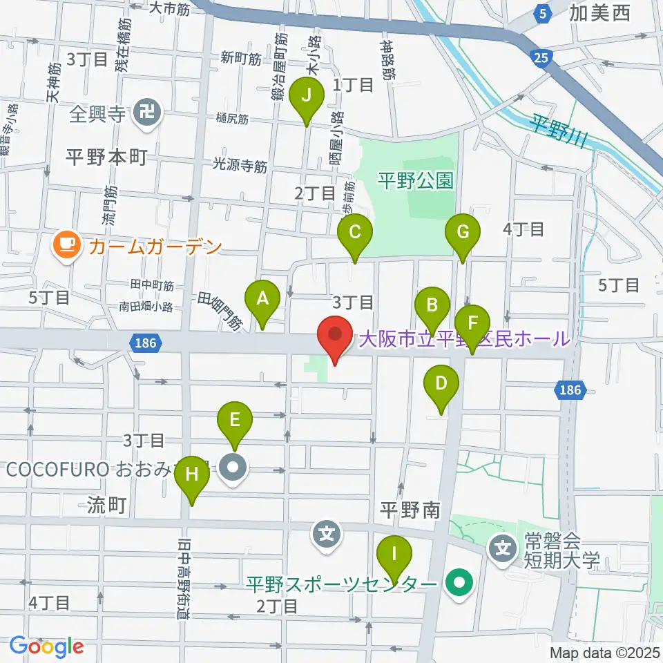 大阪市立平野区民ホール周辺のカフェ一覧地図