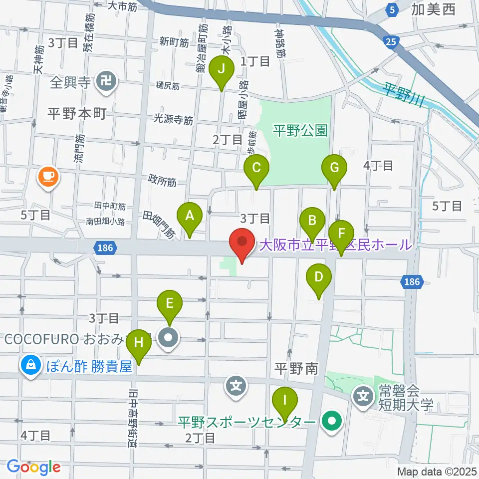大阪市立平野区民ホール周辺のカフェ一覧地図