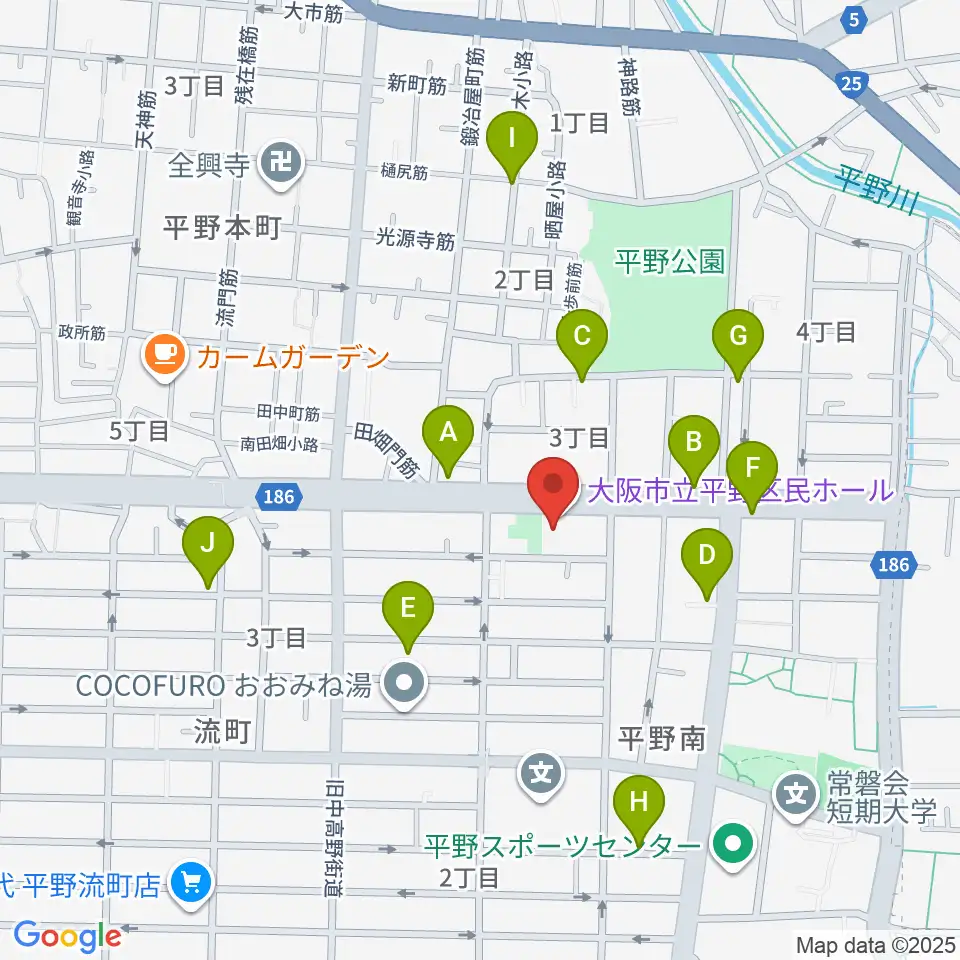 大阪市立平野区民ホール周辺のカフェ一覧地図