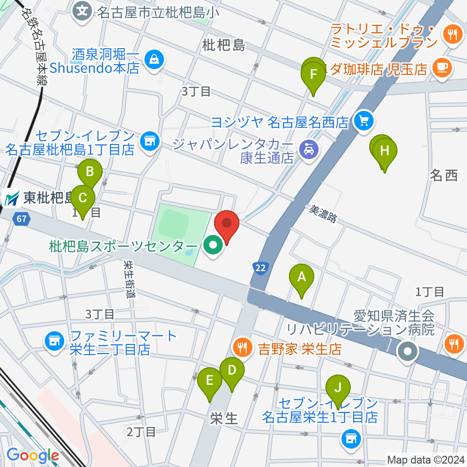 枇杷島スポーツセンター周辺のカフェ一覧地図