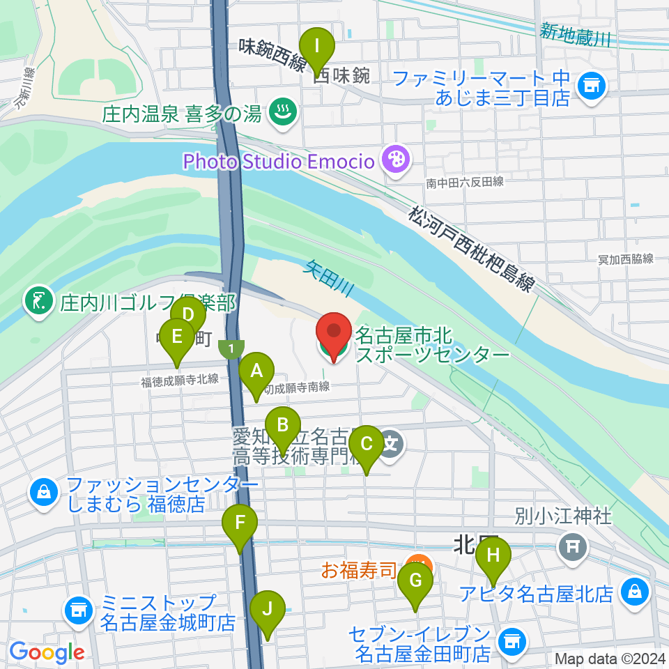 名古屋市北スポーツセンター周辺のカフェ一覧地図