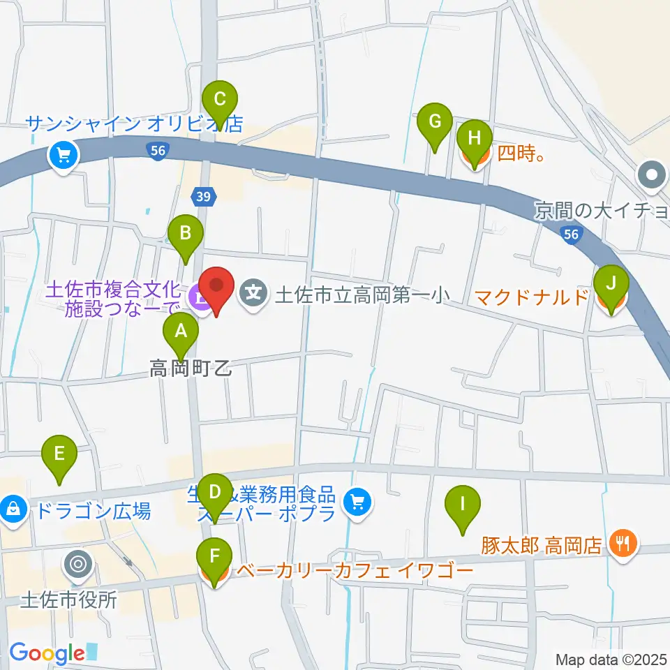 土佐市複合文化施設つなーで周辺のカフェ一覧地図