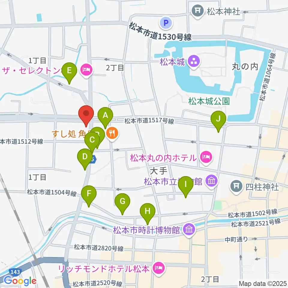 日本ヴァイオリン松本店周辺のカフェ一覧地図