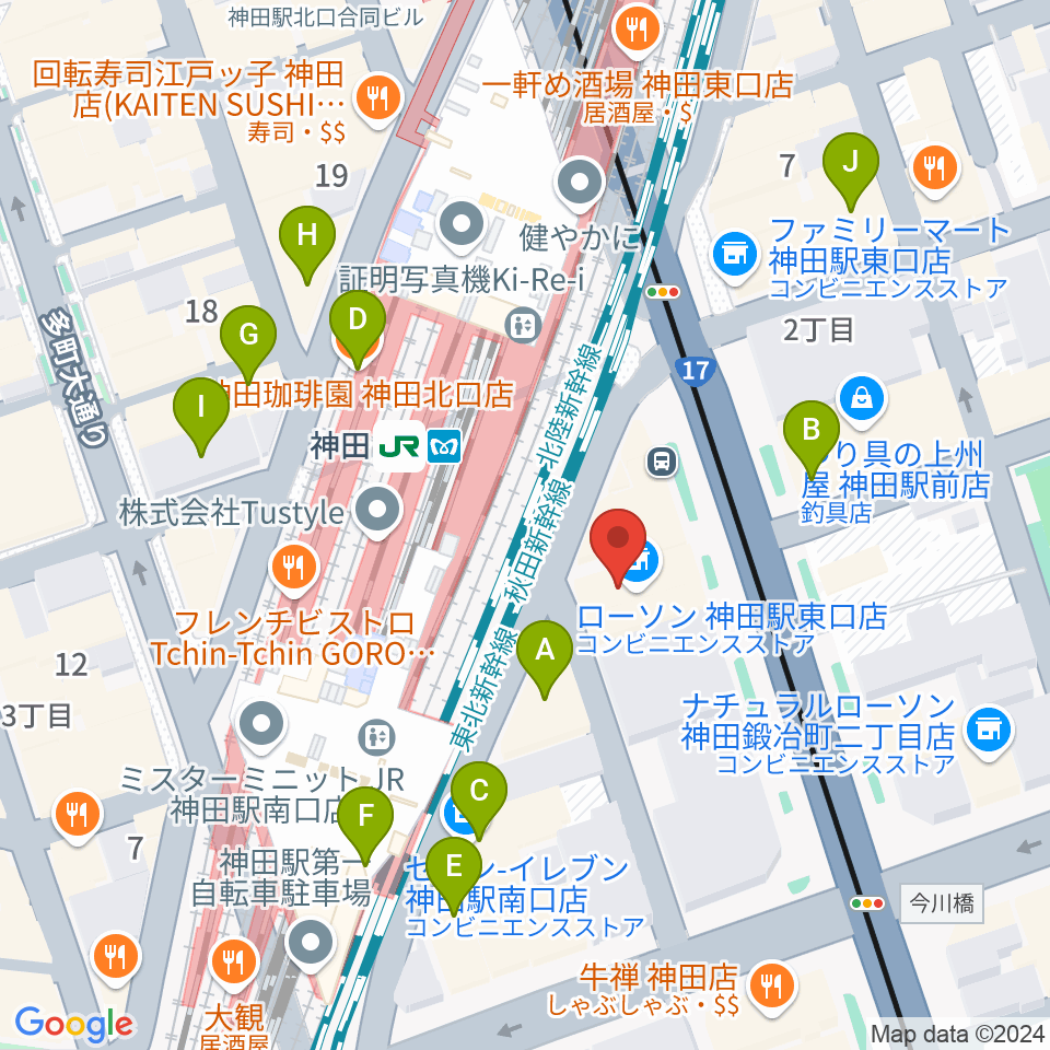 スタジオ音楽館 神田駅前周辺のカフェ一覧地図