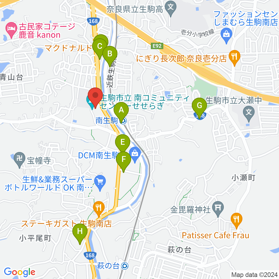 生駒市立南コミュニティセンターせせらぎ周辺のカフェ一覧地図