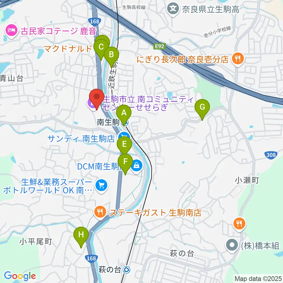 生駒市立南コミュニティセンターせせらぎ周辺のカフェ一覧地図