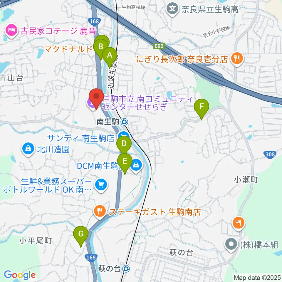 生駒市立南コミュニティセンターせせらぎ周辺のカフェ一覧地図