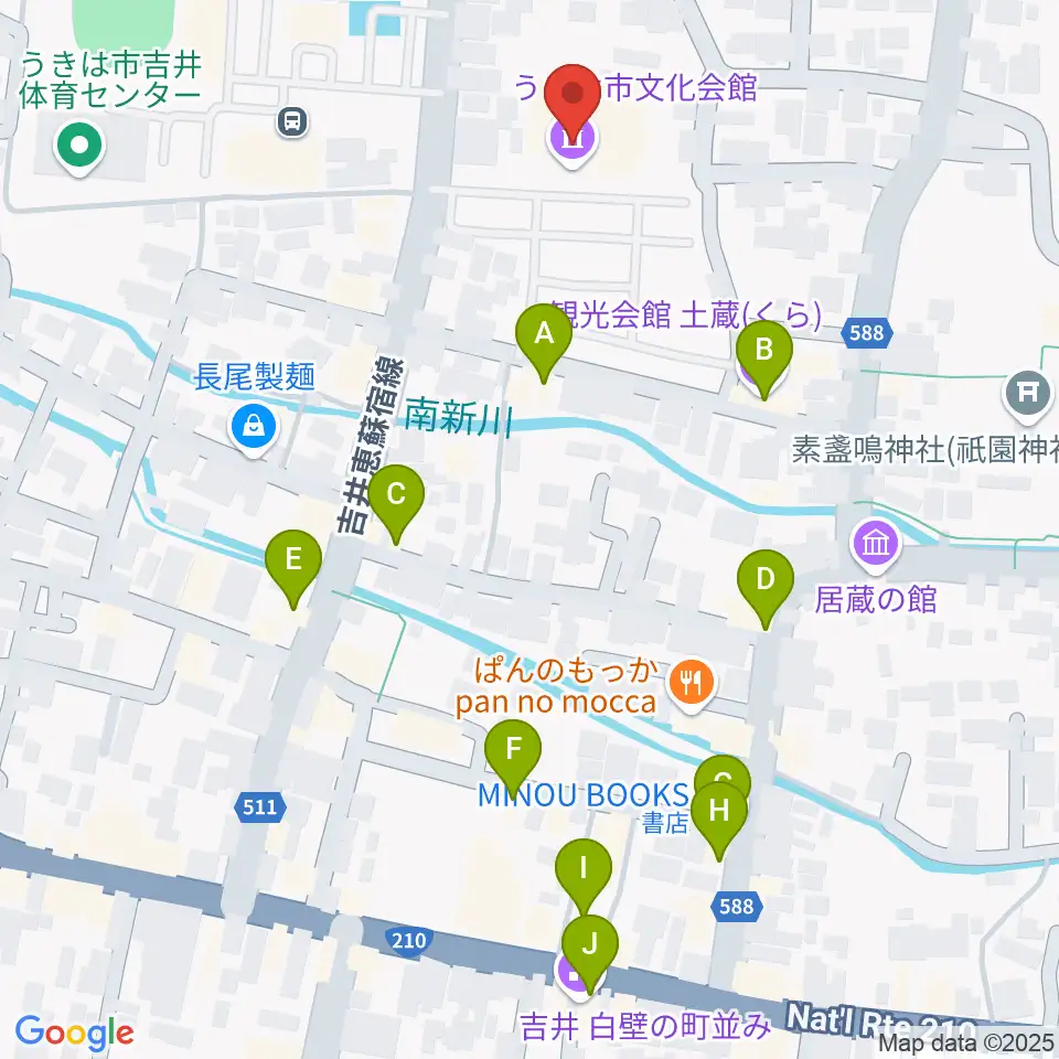 うきは市白壁ホール周辺のカフェ一覧地図