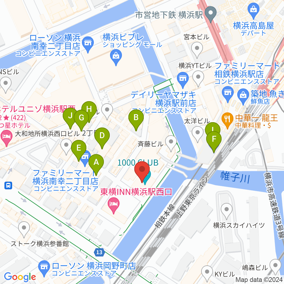 横浜1000 CLUB周辺のカフェ一覧地図