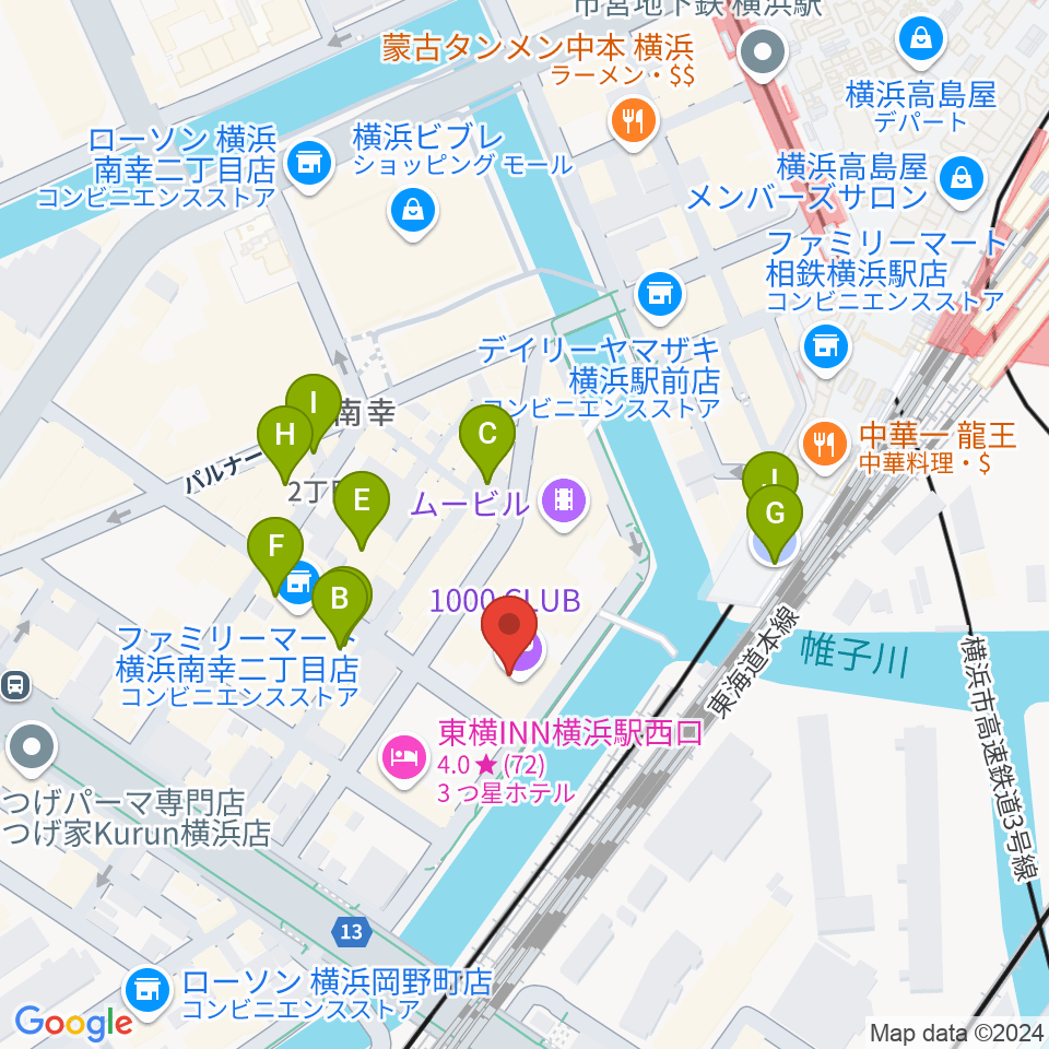 横浜1000 CLUB周辺のカフェ一覧地図