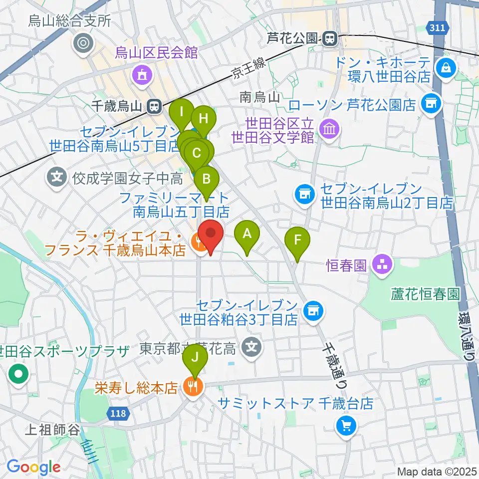 ユリミュージックキャンパス千歳鳥山教室周辺のカフェ一覧地図
