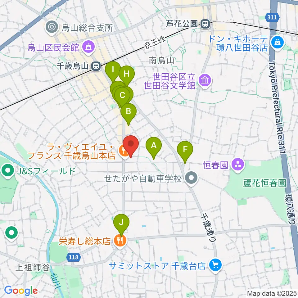 ユリミュージックキャンパス千歳鳥山教室周辺のカフェ一覧地図