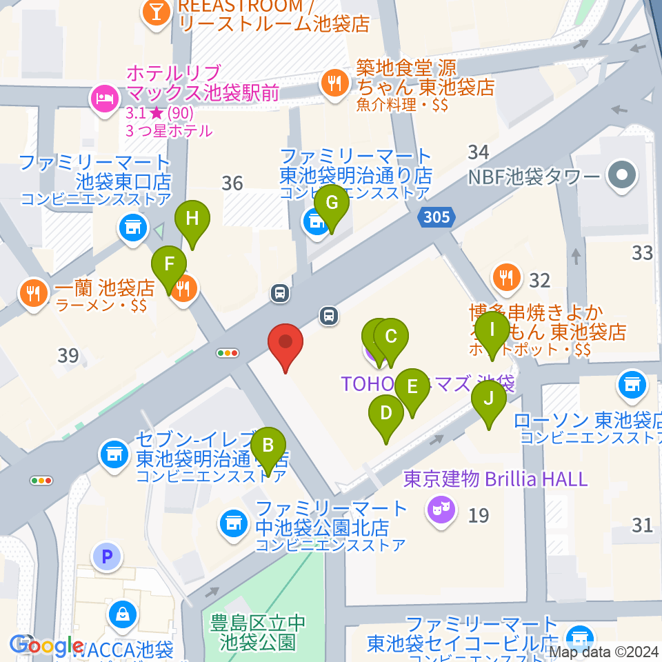 TOHOシネマズ池袋周辺のカフェ一覧地図