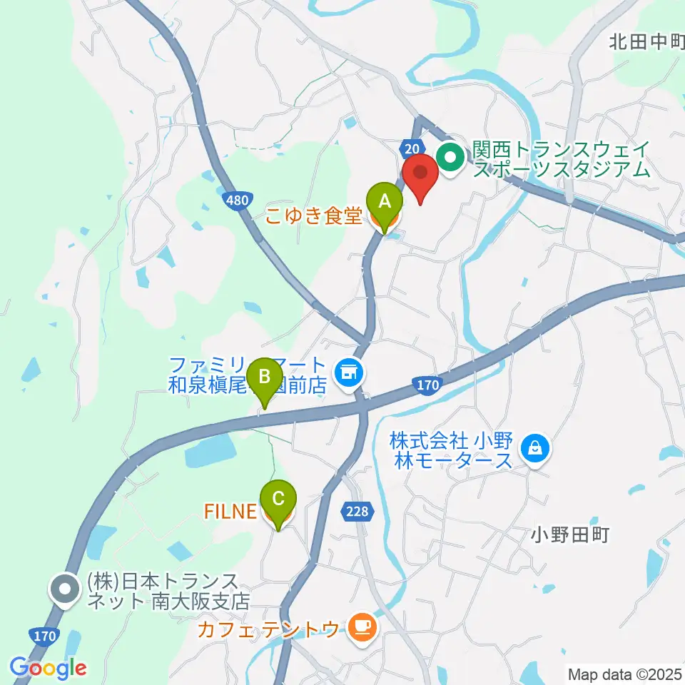 関西トランスウェイスポーツスタジアム野球場周辺のカフェ一覧地図