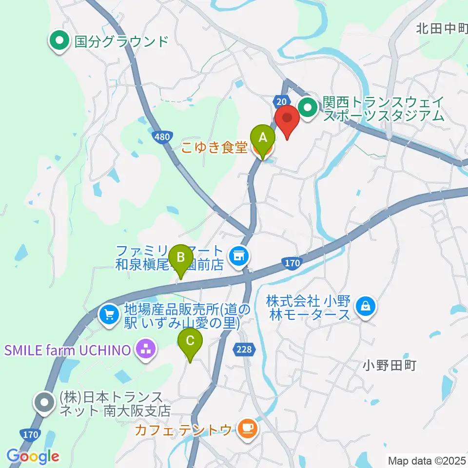 関西トランスウェイスポーツスタジアム野球場周辺のカフェ一覧地図