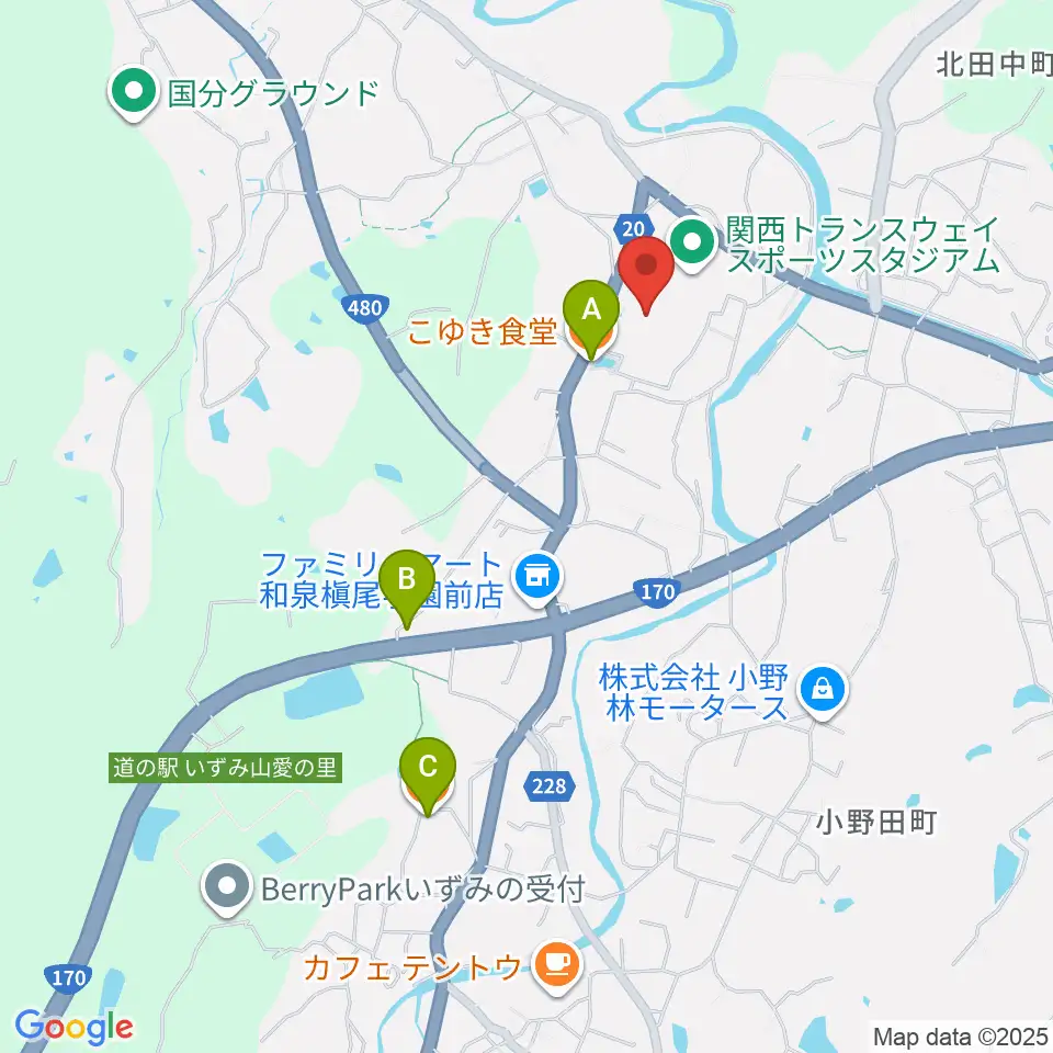 関西トランスウェイスポーツスタジアム野球場周辺のカフェ一覧地図