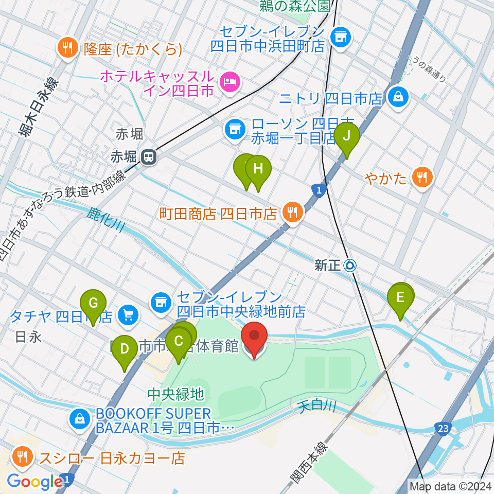 四日市市総合体育館周辺のカフェ一覧地図