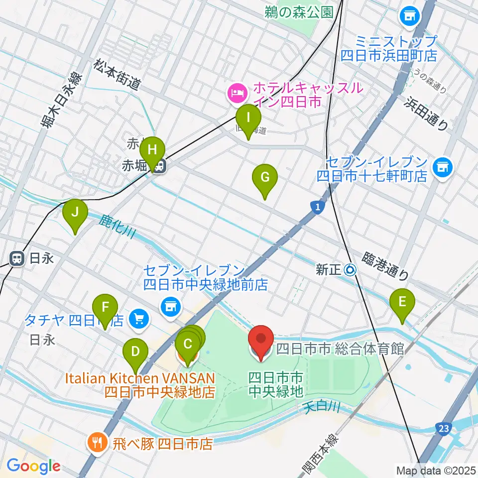 四日市市総合体育館周辺のカフェ一覧地図