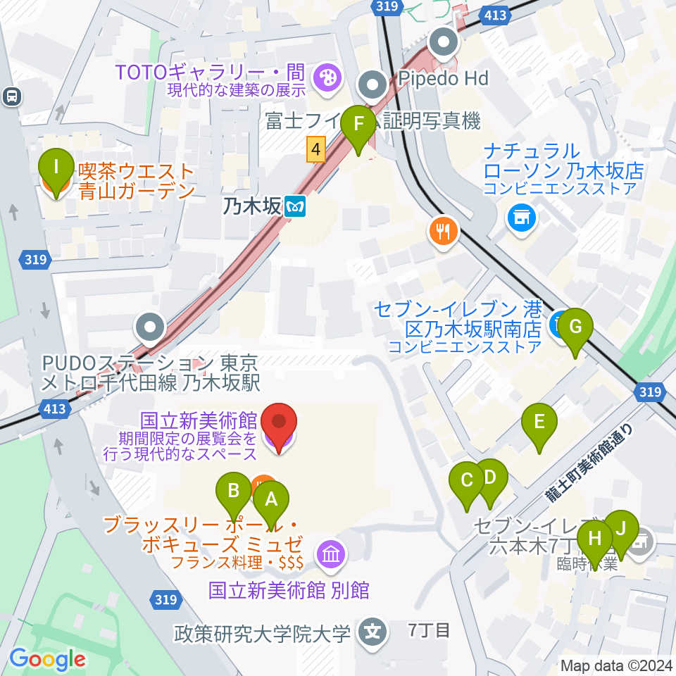 国立新美術館周辺のカフェ一覧地図