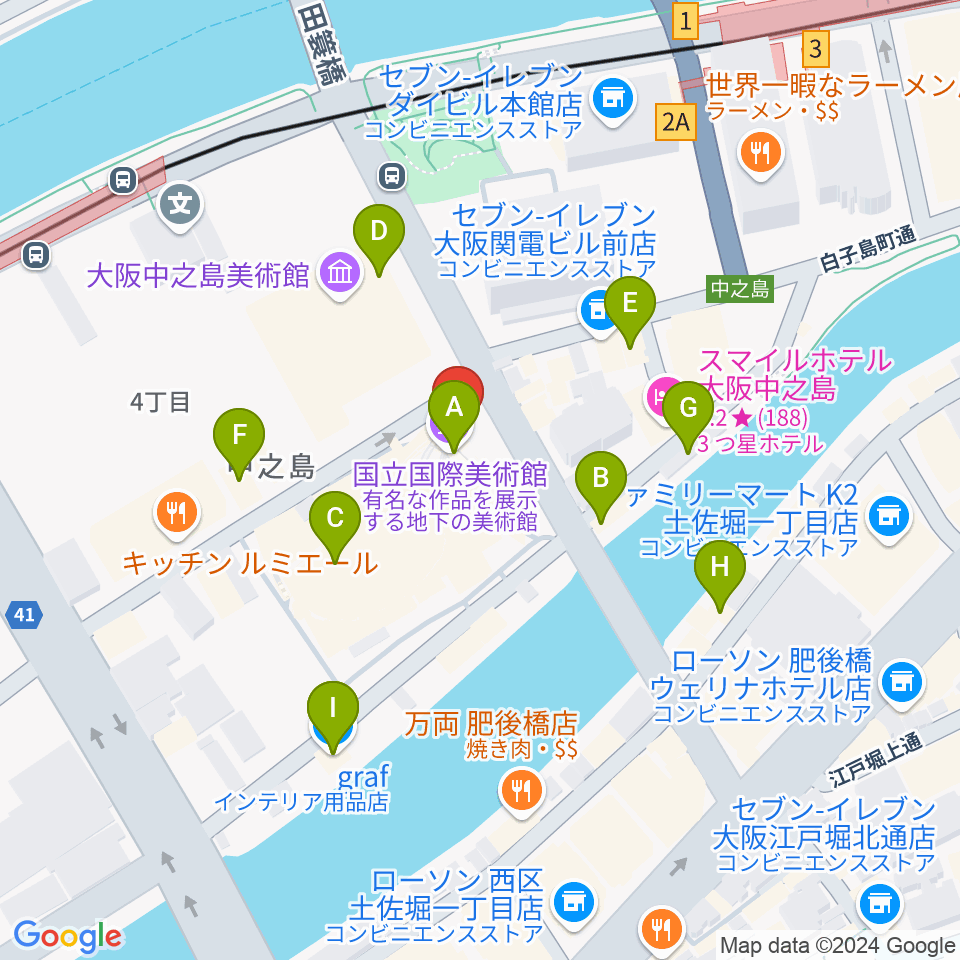 国立国際美術館周辺のカフェ一覧地図