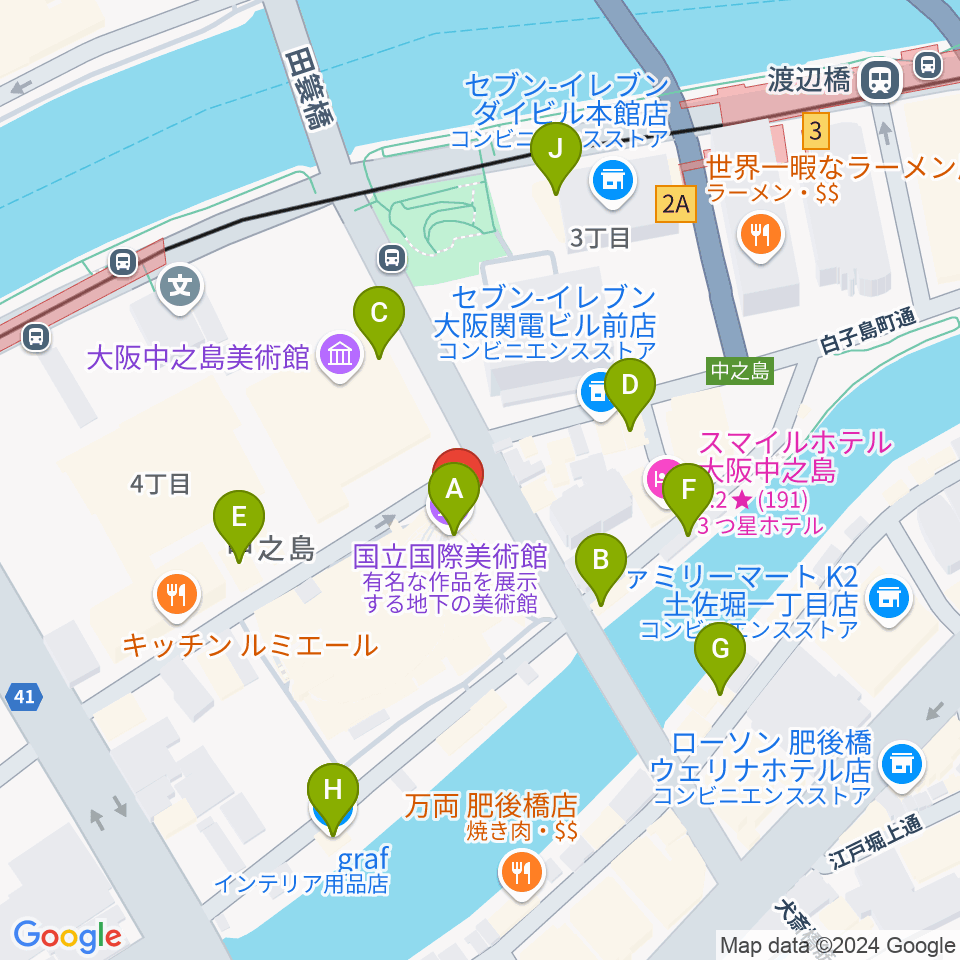 国立国際美術館周辺のカフェ一覧地図