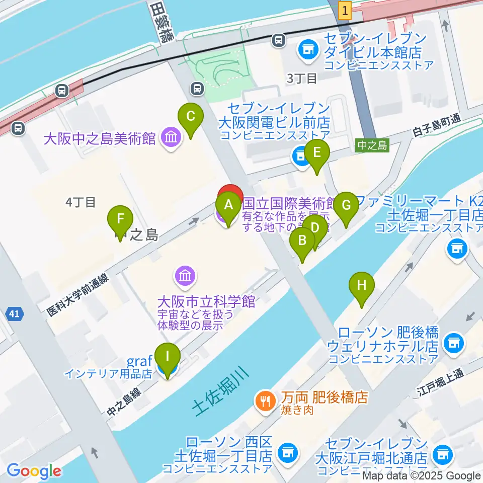国立国際美術館周辺のカフェ一覧地図