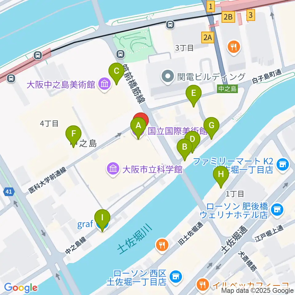 国立国際美術館周辺のカフェ一覧地図