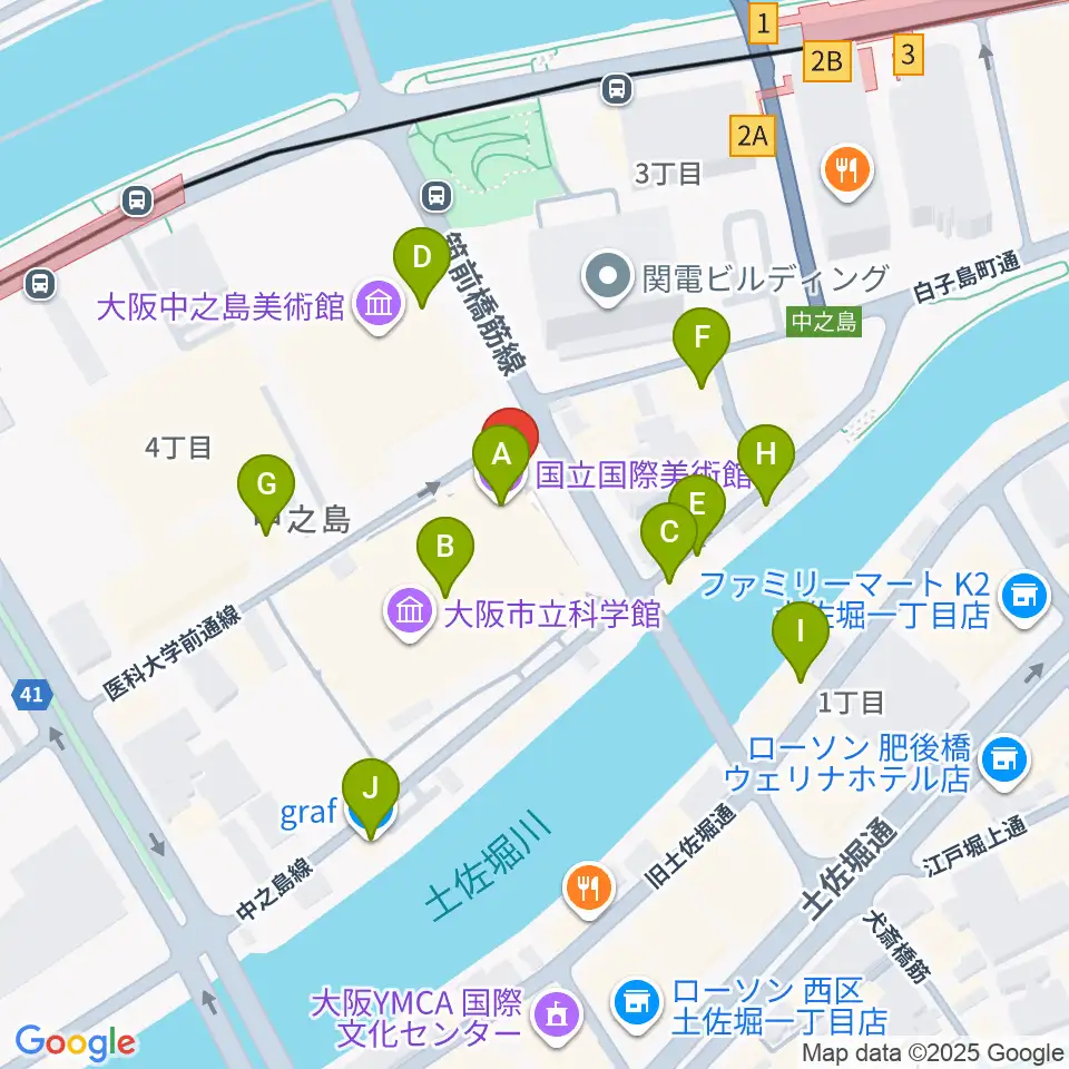 国立国際美術館周辺のカフェ一覧地図