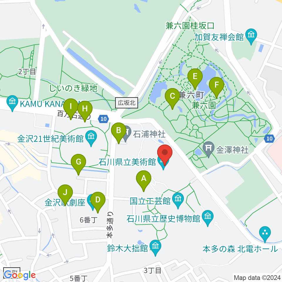 石川県立美術館周辺のカフェ一覧地図