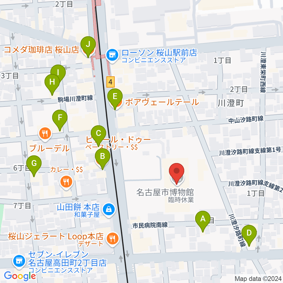 名古屋市博物館周辺のカフェ一覧地図