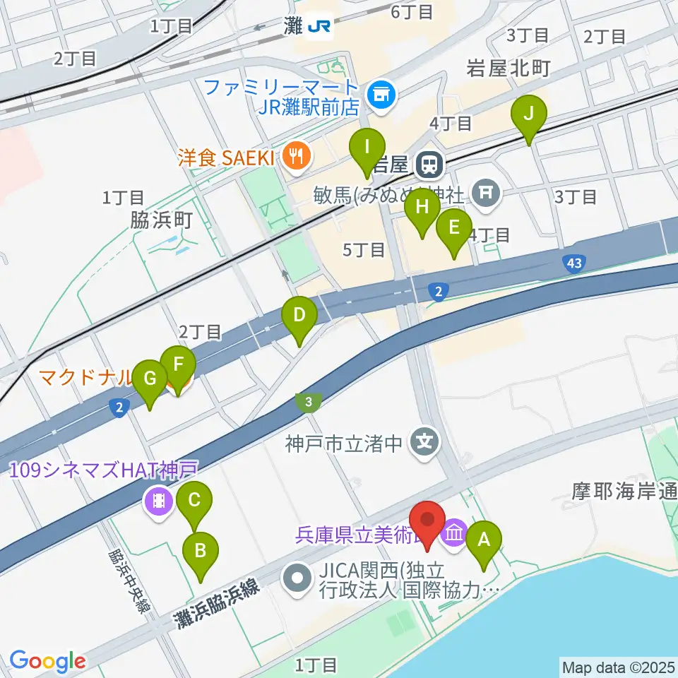 兵庫県立美術館周辺のカフェ一覧地図
