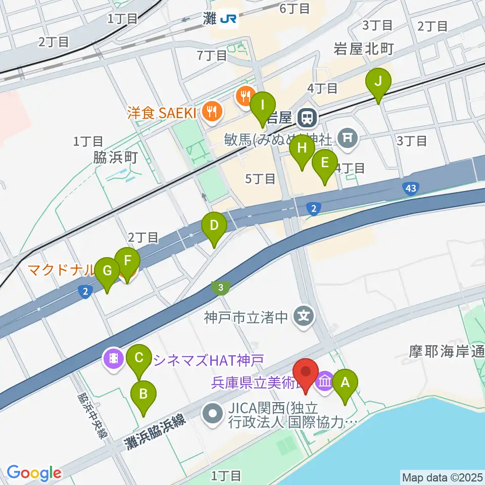 兵庫県立美術館周辺のカフェ一覧地図