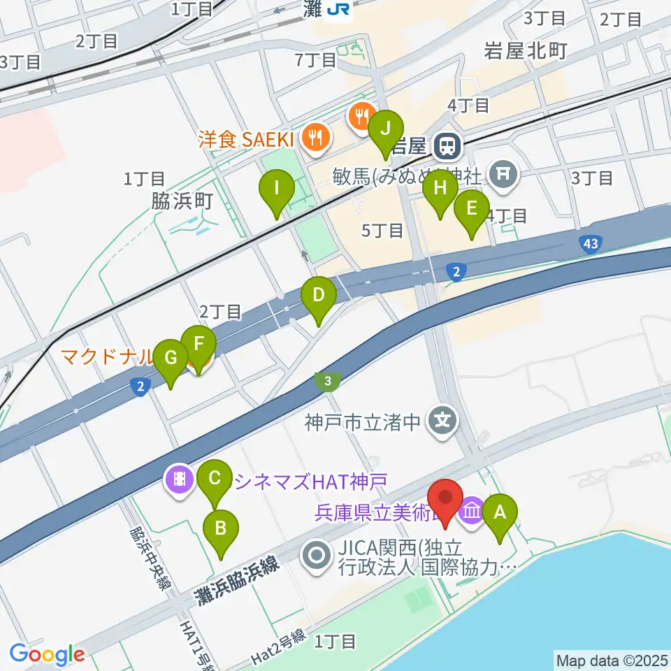 兵庫県立美術館周辺のカフェ一覧地図