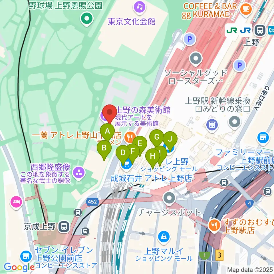 上野の森美術館周辺のカフェ一覧地図