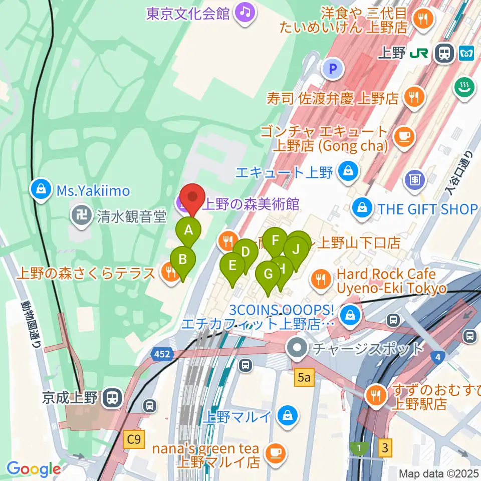 上野の森美術館周辺のカフェ一覧地図