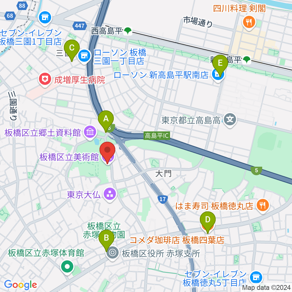 板橋区立美術館周辺のカフェ一覧地図