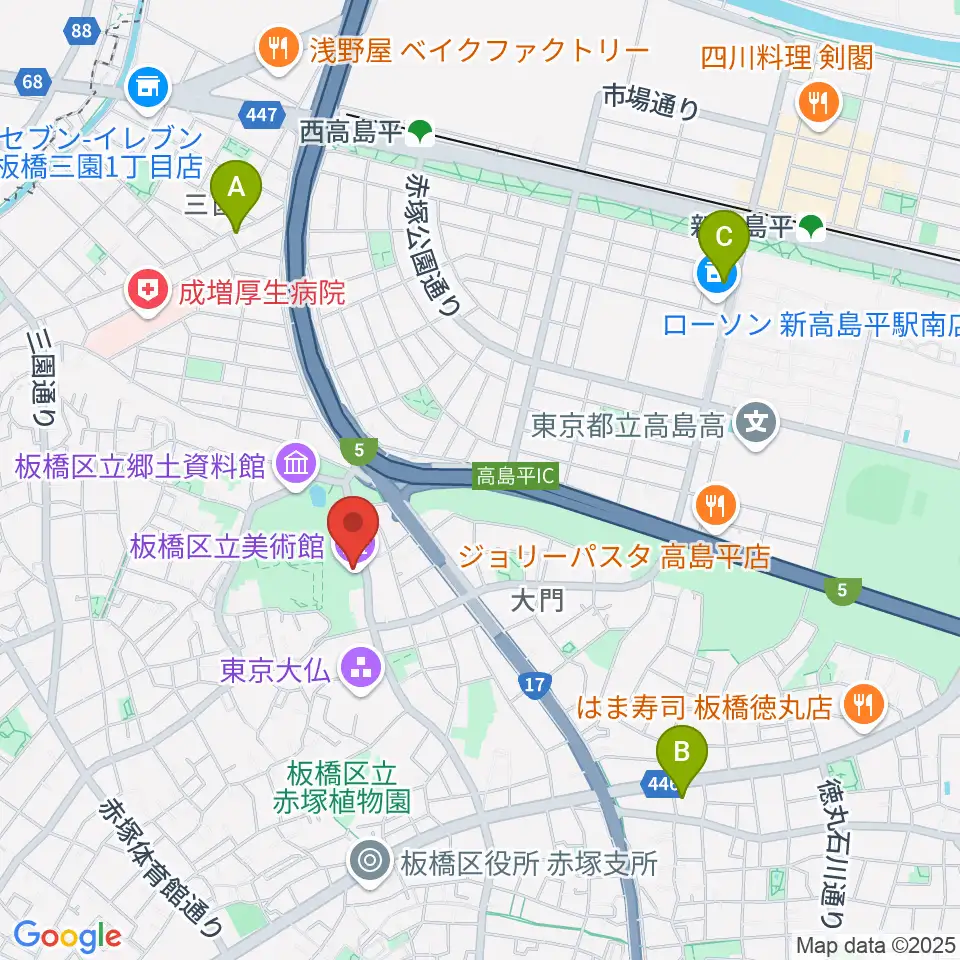 板橋区立美術館周辺のカフェ一覧地図