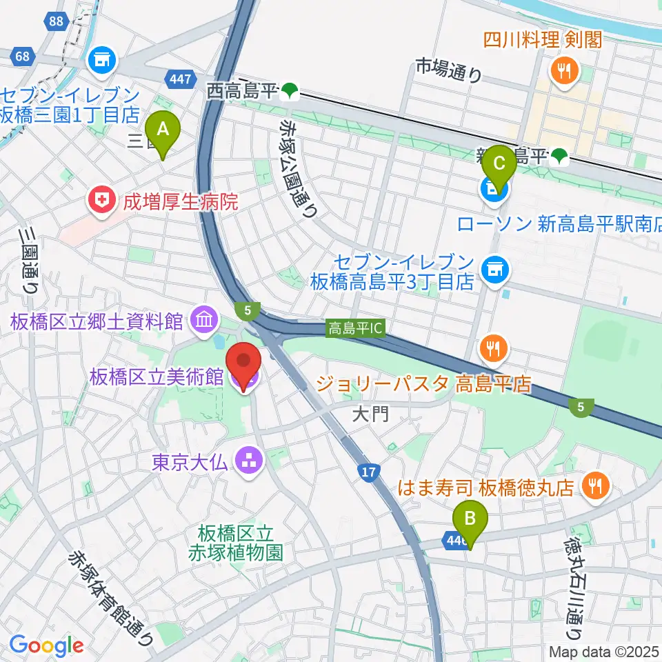 板橋区立美術館周辺のカフェ一覧地図