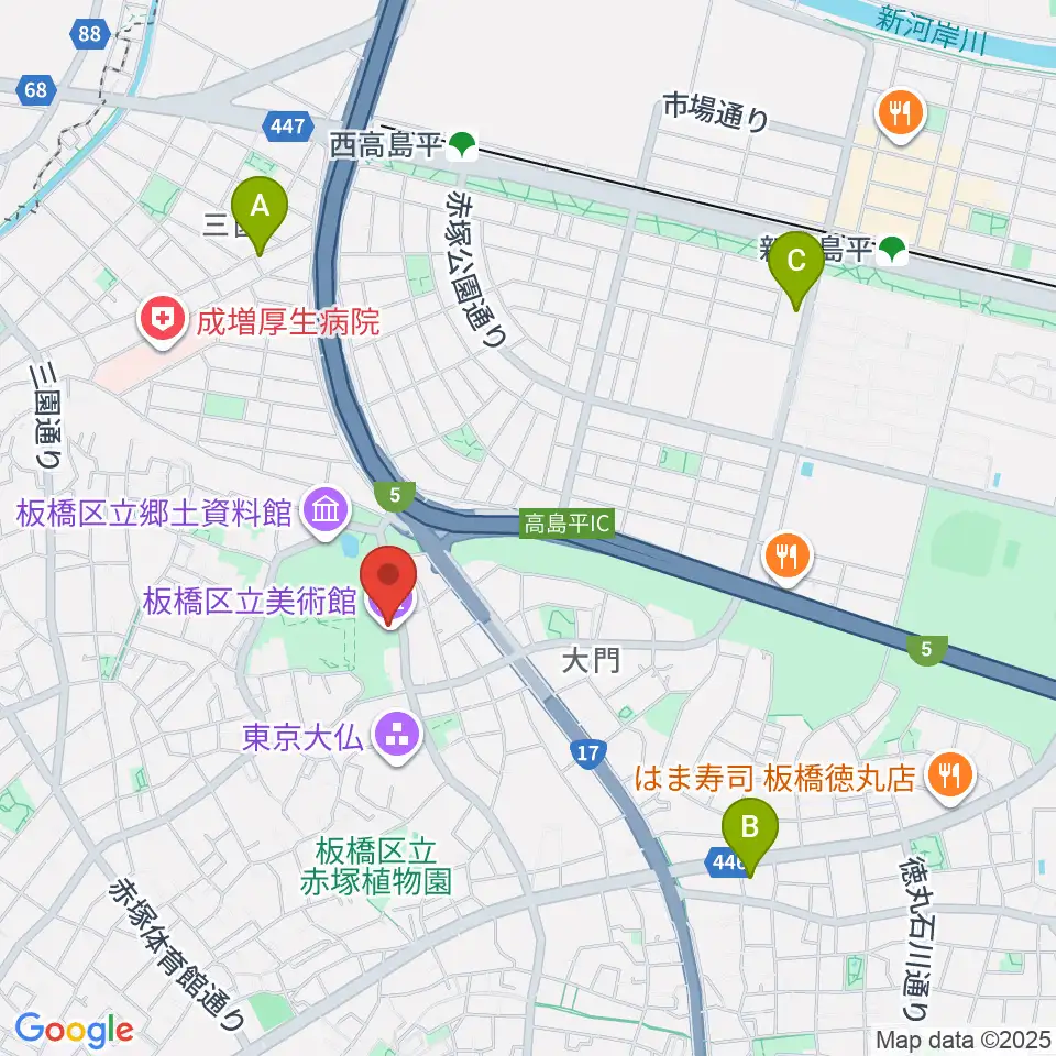 板橋区立美術館周辺のカフェ一覧地図